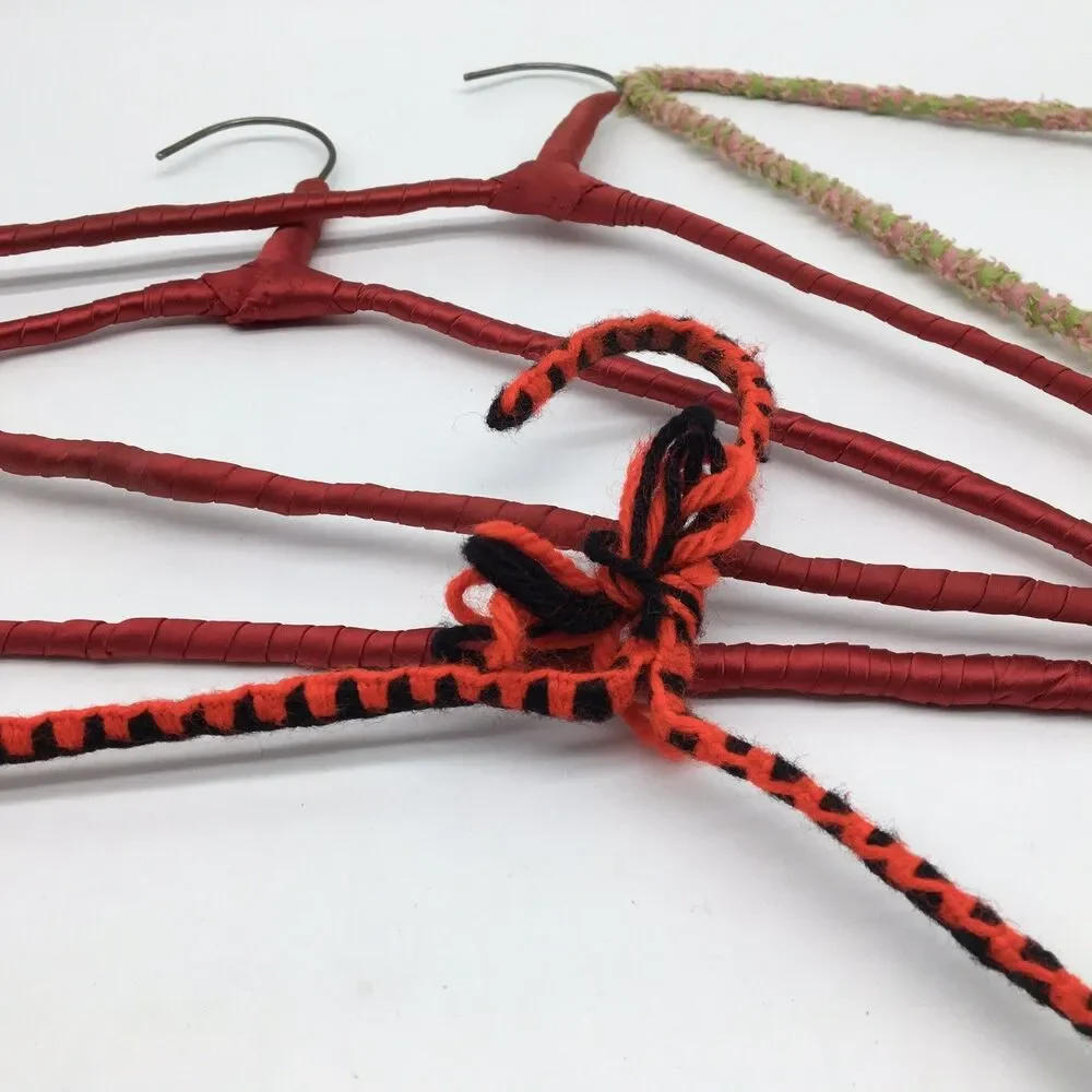 4 Vtg Colorful Yarn Ribbon Covered Granny Clothes Hangers Red Satin Pink Green